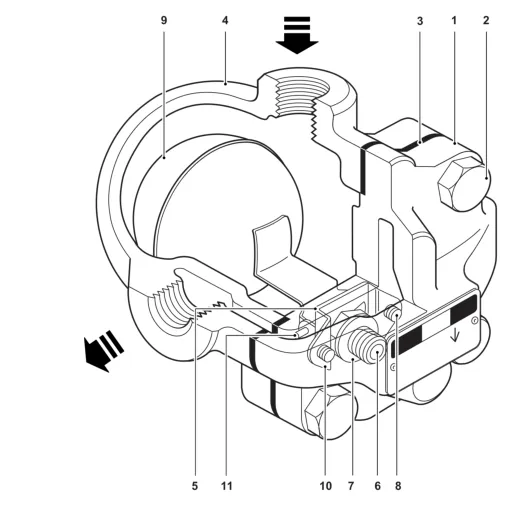 Numbered cutaway drawing of the screwed CA14 showing its body, cover, float, valve cone, seat and pivot components