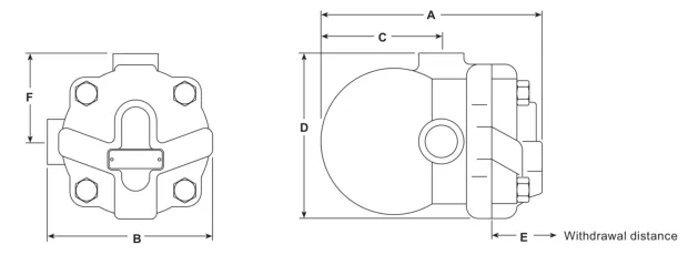 Front and side dimensional drawing of the screwed CA14 with dimensions A through F and cover withdrawal distance