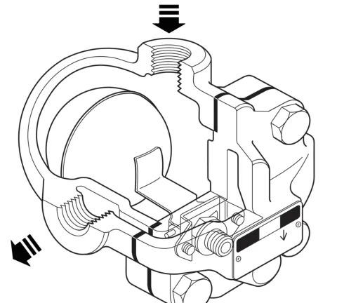 Cutaway view of the 1/2 inch screwed CA14 showing the float chamber, top inlet and valve mechanism