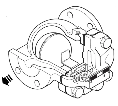 Cutaway view of the DN20 flanged CA14 showing the float chamber, flanges and valve mechanism