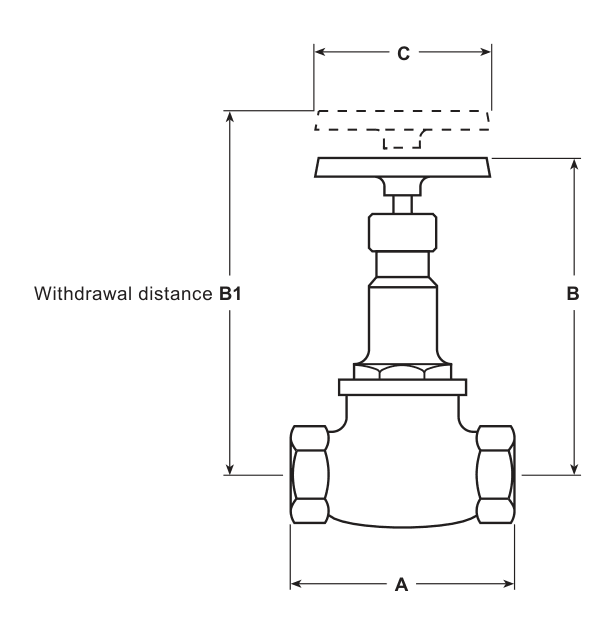 HV3 dimensional drawing showing face-to-face dimension A, height B, withdrawal distance B1 and handwheel width C