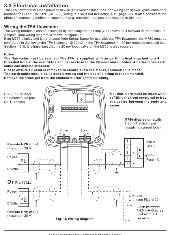 TFA flowmeter EIA 232 communication, pulse, loop and remote display wiring diagram