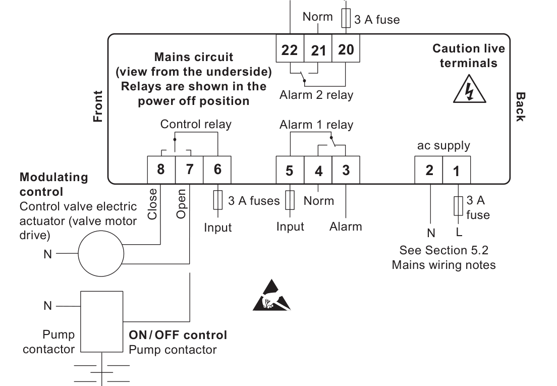 LC2250 mains circuit wiring for control and alarm relays