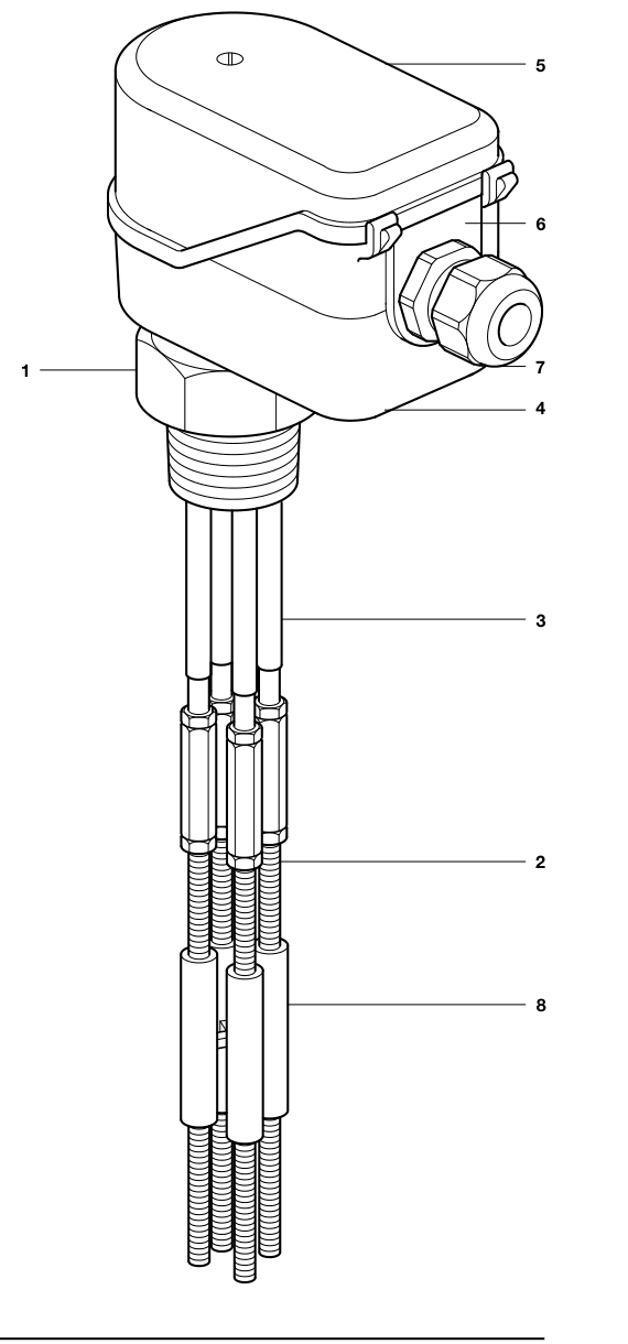 LP10-4 Cụm đầu dò đo mức dẫn điện bốn đầu có thân, vỏ, tuyến cáp, bộ phận cách điện và giá đỡ đầu được đánh số