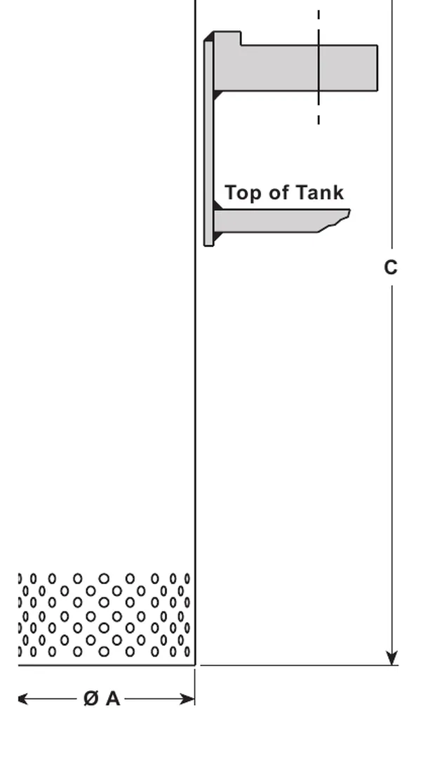 IT immersion tube passing through a feedtank top connection with A and C dimensions shown