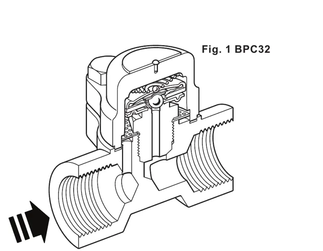 BPC32 balanced pressure thermostatic steam trap cutaway showing the capsule, seat and integral flat strainer