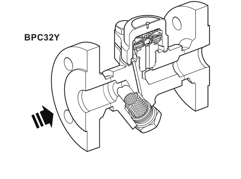 BPC32Y balanced pressure thermostatic steam trap cutaway showing the capsule, seat and integral cylindrical Y-type strainer