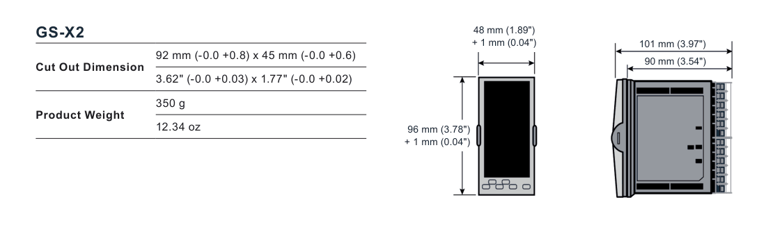 GS-X2 programmable PID controller dimensions, 92 by 45 millimetre panel cut-out, nominal 48 by 96 millimetre front and approximately 90 millimetre rear depth