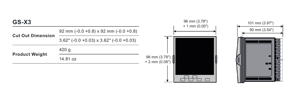 GS-X3 programmable PID controller dimensions with 92 by 92 millimetre panel cut-out, nominal 96 by 96 millimetre front and approximately 90 millimetre rear depth