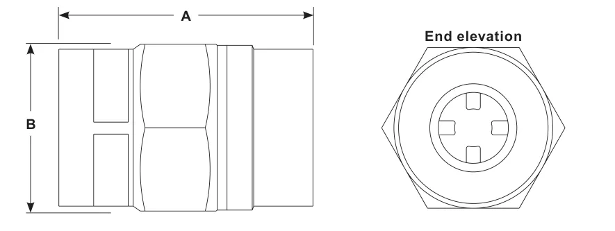 DCV41 body side view and end elevation showing dimensions A and B