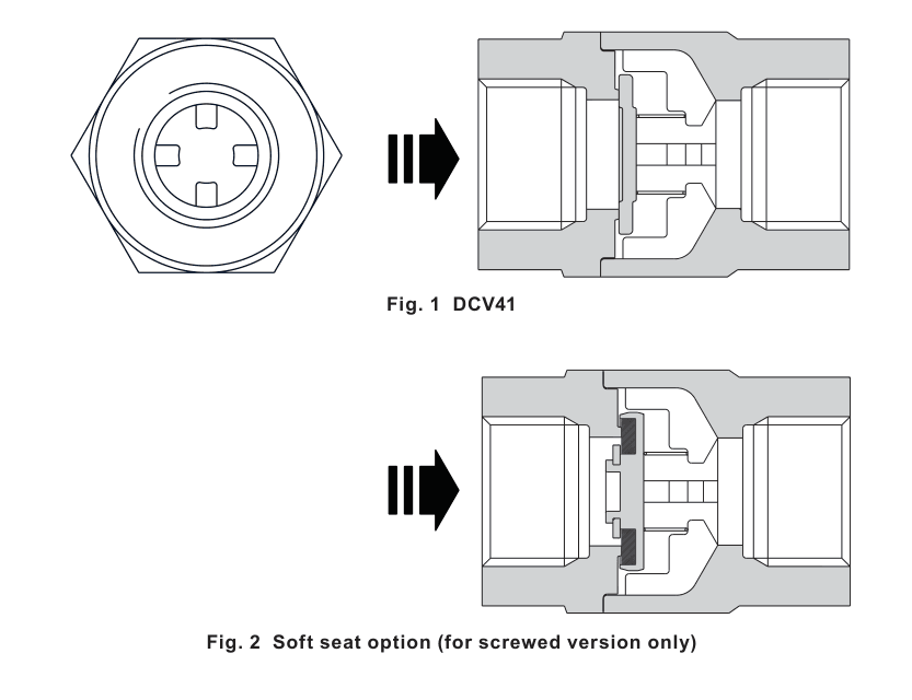 DCV41 standard metal seat and screwed soft seat cross-section drawings