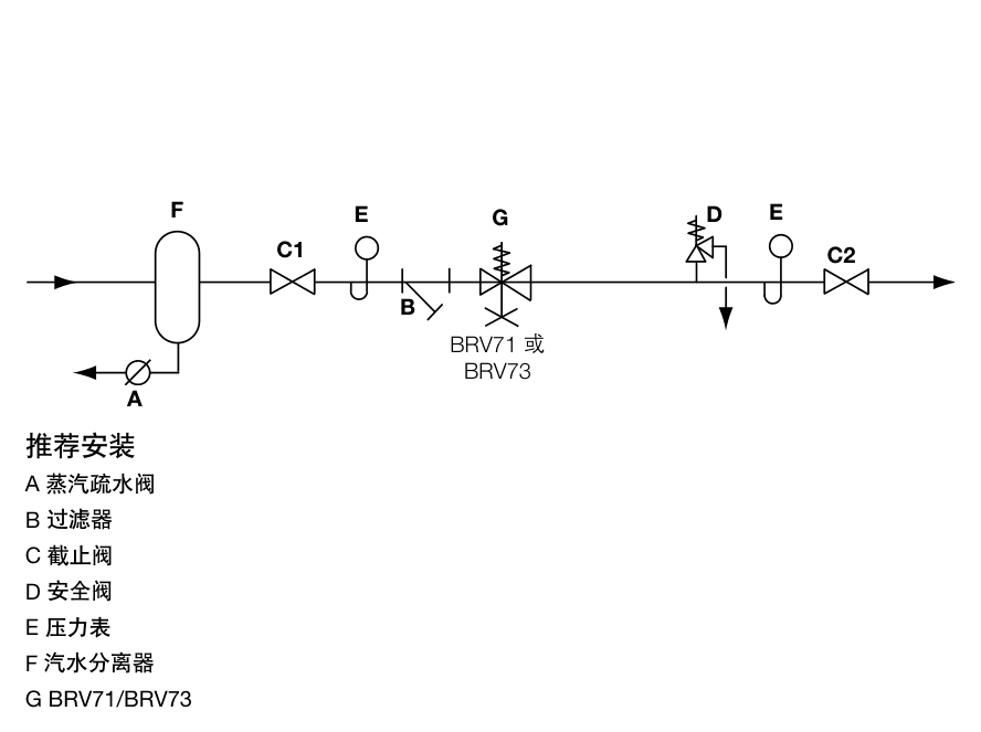 Recommended horizontal BRV73 installation arrangement with separator, filter, isolation valves, pressure gauges and safety valve