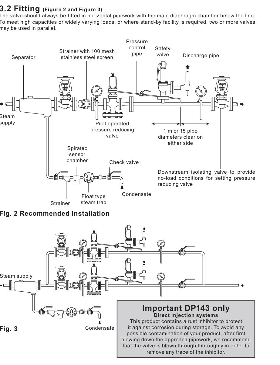 DP143 recommended installation showing a separator, 100 mesh strainer, pressure gauges, external pressure control pipe, safety valve, trap and parallel valve arrangement