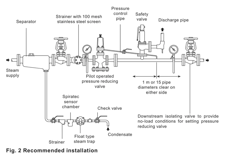 Recommended DP163 steam pressure reducing station showing separator, 100 mesh strainer, pressure control pipe, safety valve, gauges, drain trap and straight pipe length