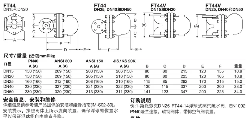 FT44 and FT44V flange dimension diagrams with DN15 to DN50 dimensions and weights