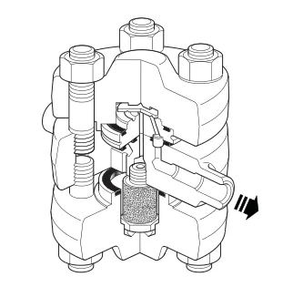 TD120M thermodynamic steam trap cutaway showing the alloy-steel body, replaceable seat, disc and integral strainer screen