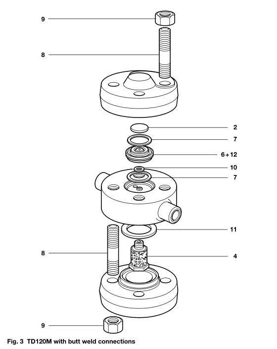 TD120M exploded maintenance view with numbered cover studs, nuts, disc, seat, gaskets and strainer screen
