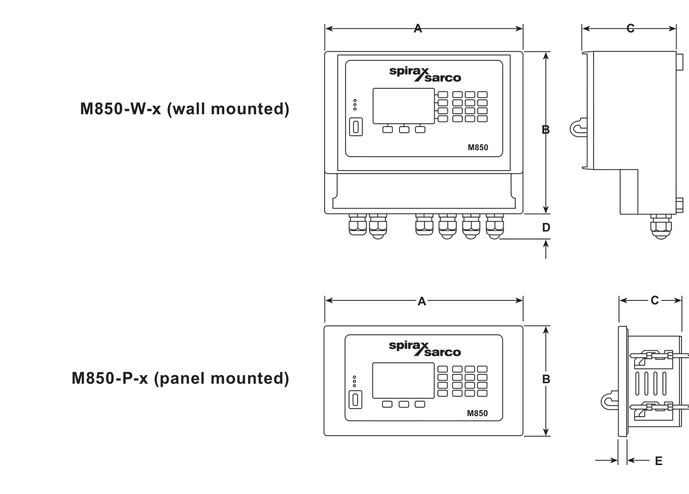 M850-W wall-mounted and M850-P panel-mounted dimension drawing